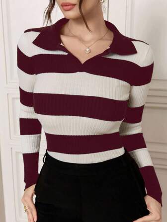 Mulvari Women's Striped Collar Long Sleeve Casual Versatile Sweater Knit Pullover Fall Winter Outfit