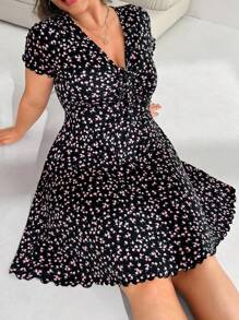 Solflare Đầm thường ngày buộc dây cổ chữ V họa tiết hoa cỡ lớn cho nữ - màu đen - Xem 3