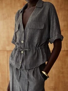 Lumivelle 女士休闲夏季 V 领纽扣前上衣和裤子两件套 - 灰色 - 查看 7