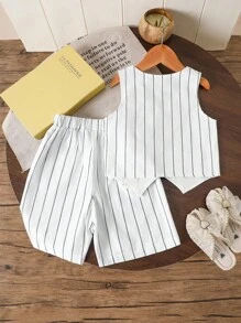 两件套女童夏季条纹V领上衣和阔腿短裤套装，女童夏季服装，女童两件套，女童夏季套装，细条纹套装，女童上衣和短裤套装，女童套装，校服上衣，女童校服，校服上衣，校服上衣 - 彩色 - 查看 2