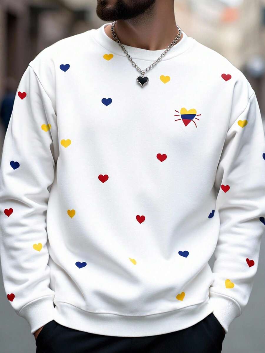 Manfinity Dauomo 男士卫衣上衣，彩色心形满印花图案宽松休闲落肩袖，让你看起来更年轻的小技巧，Ins风，新款男士卫衣，秋季 - 彩色 - 查看 1