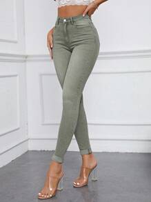 Flexra 高腰紧身牛仔裤，女士休闲纽扣、口袋、拉链高腰紧身长款绿色棉质紧身女式牛仔裤，春/秋，休闲日常穿着 - 綠色 - 查看 4
