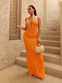 Sirith Đầm vải tua rua màu vàng gợi cảm cổ sâu VU mới cho mùa hè dành cho nữ, thiết kế trang trí đính hạt màu hổ phách, thích hợp cho kỳ nghỉ ở bãi biển - trái cam - Xem 4