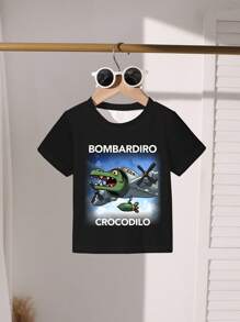 SHEIN Young Boys' Casual Cartoon Style T-Shirt, Crocodile Head & Airplane Print, Paired With "BOMBARDIRO" "CROCODILO" Graphic Short Sleeve Crew Neck T-Shirt, Suitable For Everyday Casual Wear In Summer, School, Campus, College - Multicolor - View 3