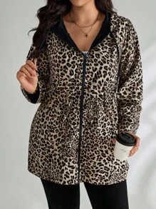 SHEIN Tall CURVE Jachetă cu glugă reversibilă cu imprimeu leopard, mărime plus, pentru femei, toamnă - Negru - Vizualizare 5
