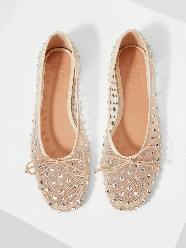 NEW SPRING AND SUMMER BALLET RHINESTONE MESH BOW ROUND TOE FLAT BOTTOM WOMEN'S SHOES APRICOT FAIRY VERSATILE TEMPERAMENT SWEET AND ELEGANT LOW VAMP SHOES COMFORTABLE HIGH-END CLASSIC SHOES SPRING SHOES