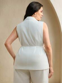 Anewsta Blazer Elegante Sofisticado com Gola Elegante, Amarração na Cintura e Estampa Definida para Mulheres Plus Size - Branco - Visão 7