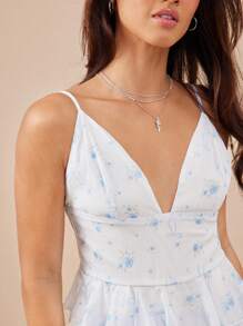WESTFADE Gaun Mini Musim Panas Berenda Bertingkat Tanpa Lengan dengan Tali Bahu Tipis dan Motif Pita Bunga dari Bahan Chiffon, Cocok untuk Liburan - Baby Blue - View 5