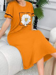 SHEIN Box Letter Daisy Print Casual Minimalist Short Sleeve Women Nightgown, Moo Moo - Yellow - View 6