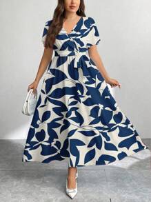 Modelyn Casual Vintage Floral Pattern Loose Fit Plus Size Dress, Suitable For Autumn/Winter Suitable For Going Out - Blue and White - View 1
