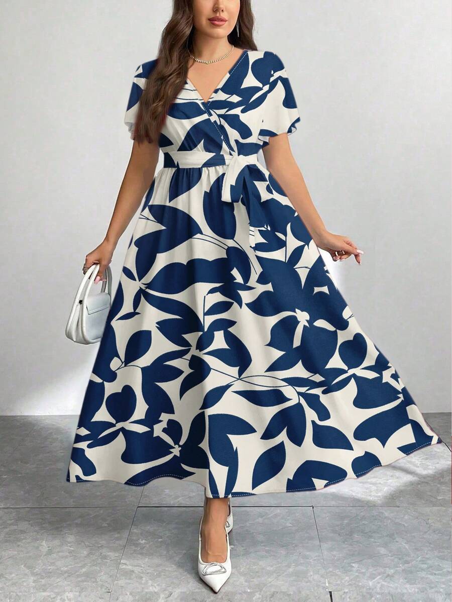 Modelyn Casual Vintage Floral Pattern Loose Fit Plus Size Dress, Suitable For Autumn/Winter Suitable For Going Out - Blue and White - View 1