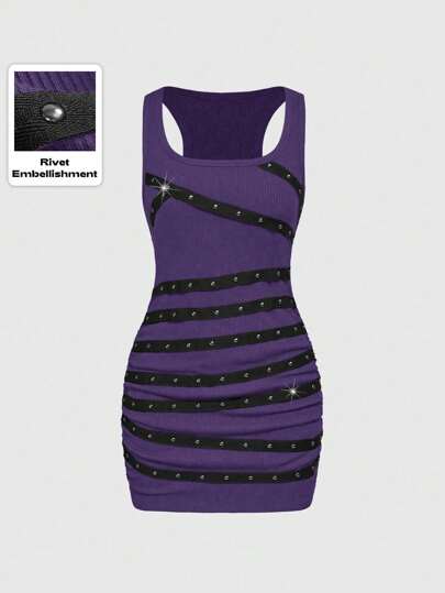 Grunge Punk Back To School  Women's Sleeveless Beaded Rivet Decor Halter Mini Dress, Sexy Low-Cut Backless Black Concert Cocktail Dress, Suitable For Summer Beach, Graduation, Easter, Vacation, Music Festivals