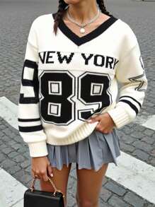 Sparklyn Tween Girl V-Neck Long Sleeve Casual Sweater With Numeric Star Pattern New York Sweater Fall Winter - White - View 6