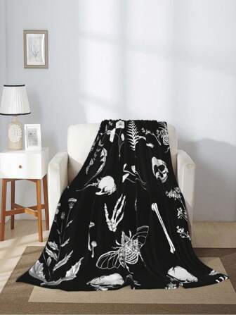 Kawaii 1pc One Flannel Printed Throw Blanket In A Dark Style. It Is Soft And Comfortable, Featuring A Skull Print Pattern. It Can Be Used As A Bed Cover, Sofa Cover, Outdoor Throw Blanket, Bedroom Blanket, Office Blanket, Or Student Blanket. It Also Creates A Festive Atmosphere And Makes A Great Festival Gift.