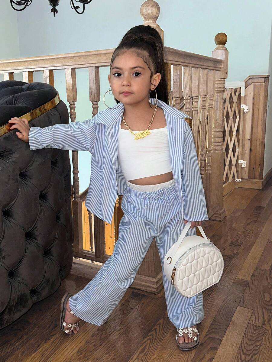 SHEIN 年轻女孩三件套：条纹衬衫、松紧腰裤、吊带背心，适合春夏季