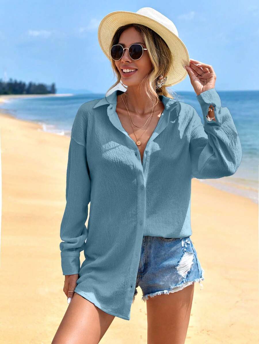 EURMUSE Women's Solid Color Drop Shoulder Long Sleeve Single-Breasted Casual Shirt - Blue - View 1