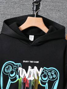 2 Stück Tween Jungen Lässiger minimalistischer Cartoon Spielekonsolen Muster Loose Fit Langarm Hoodie Set, geeignet für Herbst/Winter Schulanfang Kleidung - Schwarz - Übersicht 3