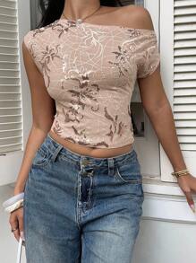 Siren Gaze Women's Sequined Asymmetrical Shoulder Top,Elegant Gold Sequin Embroidered Y2K T-Shirt For Summer Party Night,Fashionable Pink Casual All-Season Top - Pink - View 5