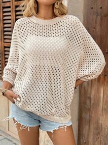 Breezaya 女款休闲宽松蝙蝠袖镂空圆领针织上衣 杏色 春秋 - 杏色 - 查看 5