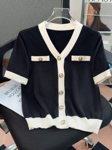 INAWLY Women's Casual Contrast Binding Short Sleeve Single-Breasted Lightweight Cardigan