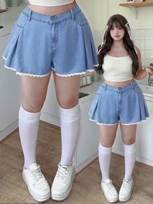 SHEIN MOD 大码蓝色牛仔短裤甜美蕾丝拼接高腰裙裤夏季韩版潮流返校美式短裤 - 淺色水洗藍 - 查看 1