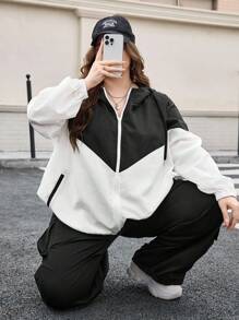 SHEIN CURVE+ Curves 大码/学校服装/返校服装/返校大码女式双色拼接连帽夹克，带口袋，女式运动服，女式慢跑服，两件套休闲套装，女式现代服装，大码运动服，女式秋季服装，女式秋季服装，冬季，CURVE PLUS - 黑與白 - 查看 8