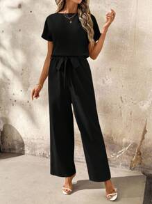 SHEIN Clasi Contrast Lace Batwing Sleeve Jumpsuit For Women - Black - View 5