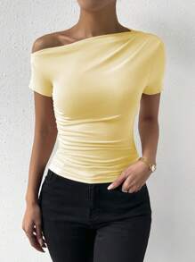 Elenzga Women's Solid Color Ruched Shoulder Short Sleeve Fitted Casual T-Shirt, Summer - Mustard Yellow - View 3