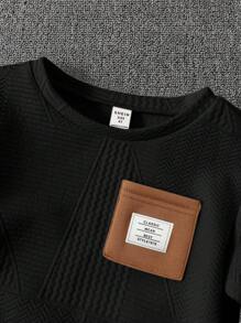 SHEIN Leap Crew Young Boy 2pcs/Set Casual Cute Colorblock Round Neck Sweatshirt With Pockets & Elastic Waist Pants Knitted Set, Suitable For School, Garden, Beach, Birthday In Spring, Summer, Autumn And Winter - Black - View 7