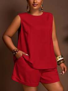 Slaydiva 2025 新款大码女式纯色圆领宽松无袖上衣和短裤休闲套装红色两件套女士短裤套装女士红色休闲连体短裤套装 - 紅色 - 查看 4