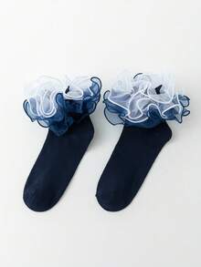 ROMWE Women's Mid-Calf Socks With Ruffle Trim, Double Lace Edging - Navy Blue - View 2