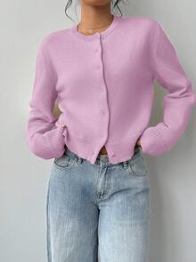 SHEIN BASICS Suéter/Cardigan de mujer de manga larga, cuello redondo, unicolor, holgado y corto para otoño/invierno - Morado - Ver 4