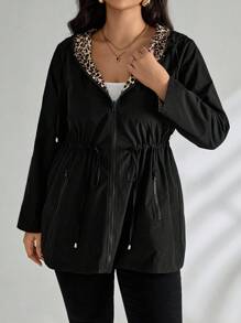 SHEIN Tall CURVE Jachetă cu glugă reversibilă cu imprimeu leopard, mărime plus, pentru femei, toamnă - Negru - Vizualizare 6