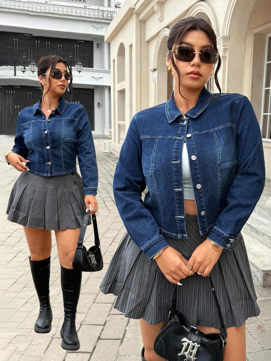 Jeanoix 大码女式单排扣休闲百搭牛仔夹克，长袖 - 藍色 - 查看 1