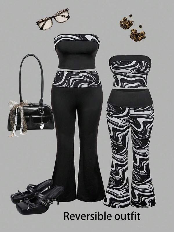 SHEIN MOD Plus Size Zebra Striped Retro Contrast Color Tube Top & Long Pants 2 Pieces Set, Animal Print Pattern Set,2000s Style,Festival Rave Concert Outfits For Women,Work,Y2k