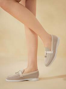 CUCCOO BASICS 女士休闲圆头度假舒适乐福鞋平底套脚鞋，针织杏色高鞋面 - 杏色 - 查看 6