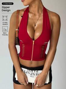 Easithlete 女士深V领露背红色拉链镂空运动背心 Slaydiva Curve Tops Curve Birthday outfits For Women Jennie-Inspired - 紅色 - 查看 3