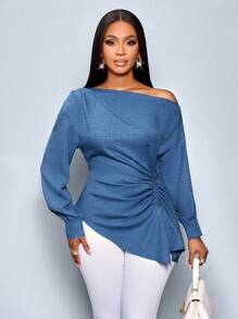 SOLERSUN 女士纯色不对称领长袖侧抽绳褶皱时尚衬衫，适合秋季、冬季穿着，优雅百搭，适合日常通勤、外出等休闲场合。这款长袖上衣是秋季女士休闲装的理想之选。 - 藍色 - 查看 7