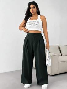 SHEIN EZwear 大码女式休闲纯色褶皱宽松阔腿裤 - 深灰色 - 查看 6