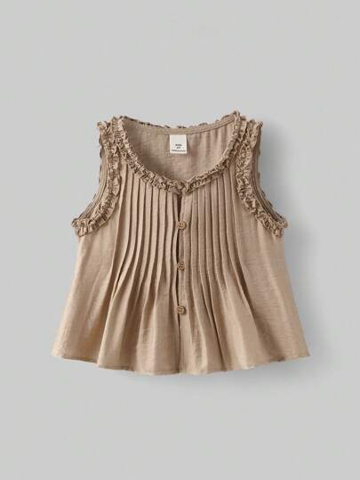 Ontre 年轻女孩荷叶边条纹圆领背心