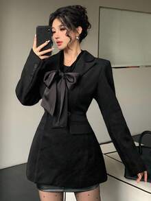 DAZY 女士纯色修身长袖双排扣口袋翻领系带优雅加厚外套秋冬夹克 - 黑色 - 查看 4