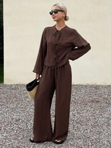 Livesso Women's Linen Casual 2 Pieces Set, New Autumn Collection - Brown - View 4