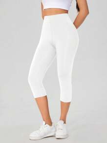 SHEIN Essnce Damen einfarbige vielseitige eng anliegende 3/4 Leggings, sommerlich geeignet für Ausgehen, Herbstkleidung Damensportbekleidung - Weiss - Übersicht 3