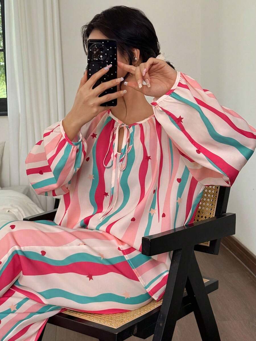 SHEIN 彩色多巴胺条纹印花宽松长袖和长裤女士睡衣套装，秋季衣服