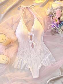 Body de encaje floral con lazo y diseño hueco en el cuello halter, sexy para salir - Blanco - Ver 3