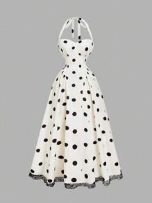 少女休闲优雅黑白波点印花甜心领蝴蝶结腰部褶皱连衣裙，法式时尚长裙，白色连衣裙，适合情人节、春季外出、波西米亚风连衣裙 - 白色 - 查看 9