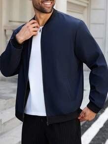 Manfinity Homme Plus Size Men's Casual Versatile Daily Jacket, Men Bomber Jacket, Navy Blue Jacket Men, Plus Size Men Jacket, Big And Tall Men Jacket , Fall
