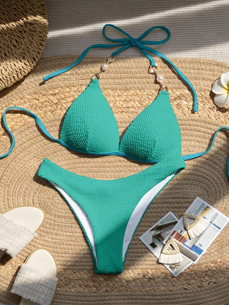 SHEIN Swim 纯色吊带项链装饰露背比基尼泳装 - 綠色 - 查看 1