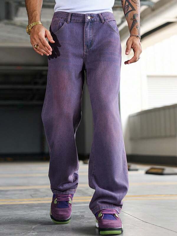 Manfinity EMRG Men's Purple Denim Jeans Casual Modern Fit Long Zipper Detail Pants