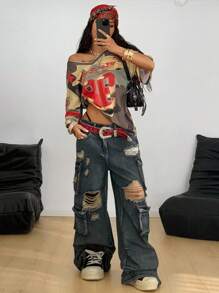 Coolane Áo thun nữ tay ngắn cổ chữ V in chữ rộng rãi mùa hè - xanh quân đội - Xem 6